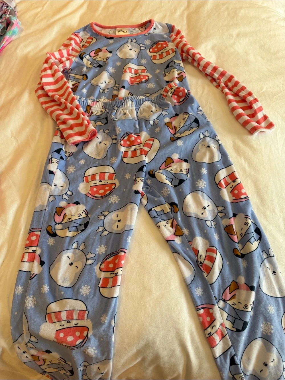 Squishmallows Light Blue Pajama Set with Red & White Striped Sleeves